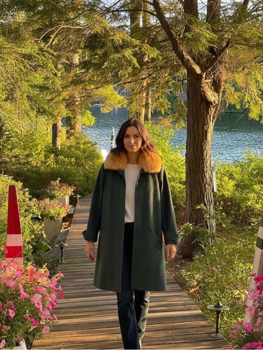 Bogner Olive Green Coat with Fox Fur Collar